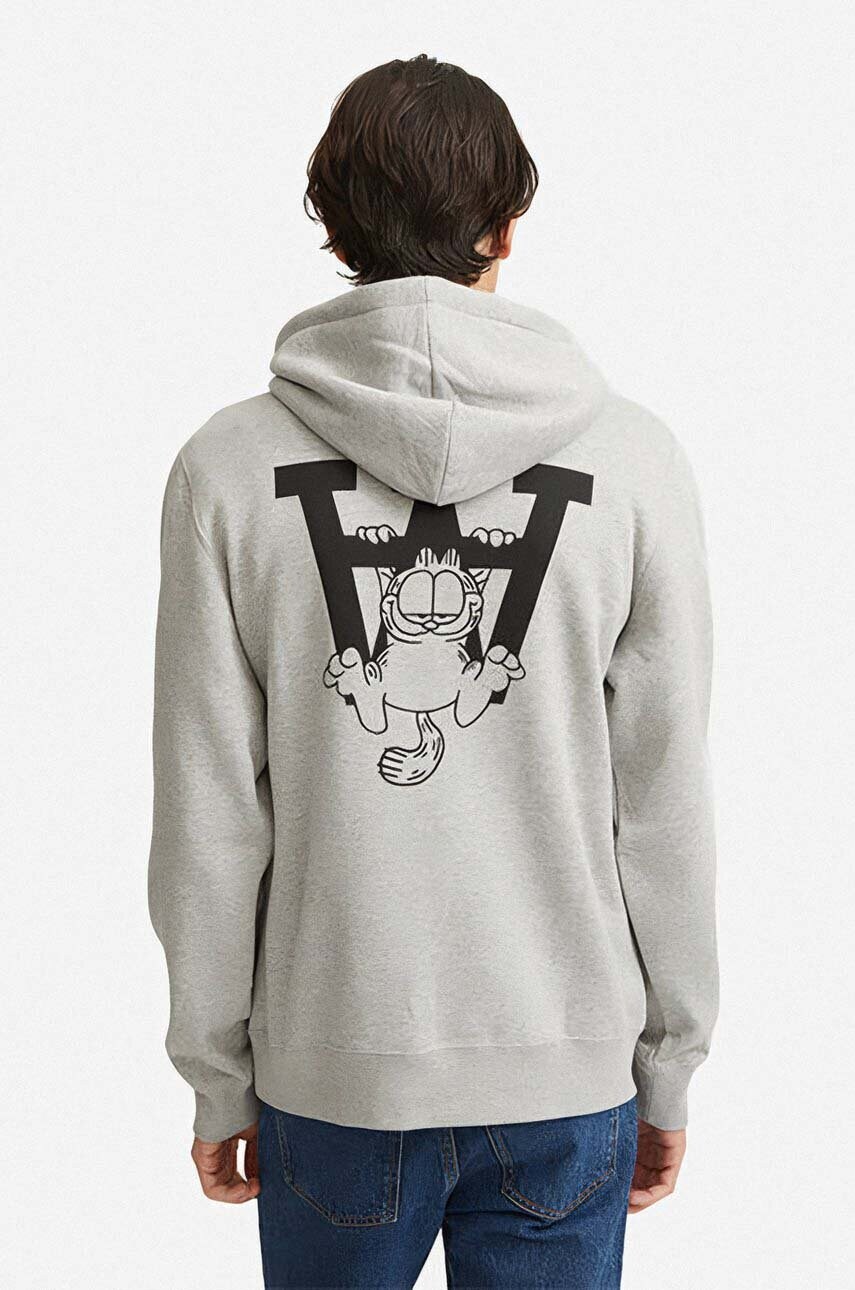 Бавовняна кофта Wood Wood X Garfield чоловіча колір сірий з капюшоном з принтом 30045601.2424-GREYMELANG