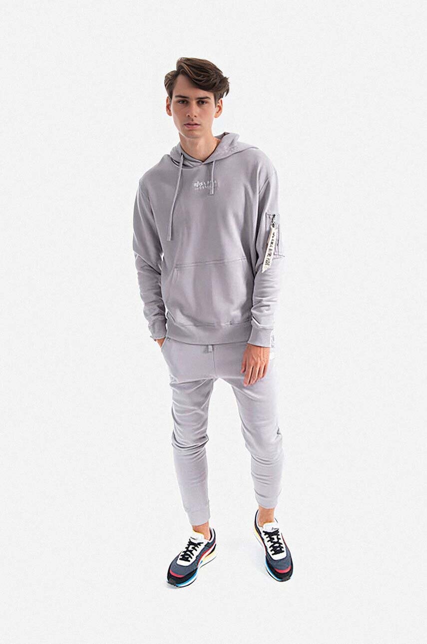 Бавовняна кофта Alpha Industries Organics Emb Hoody чоловіча колір сірий з капюшоном з аплікацією 118350.643-grey