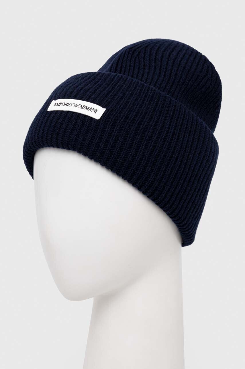 Вовняна шапка Emporio Armani колір синій з товстого трикотажу вовна