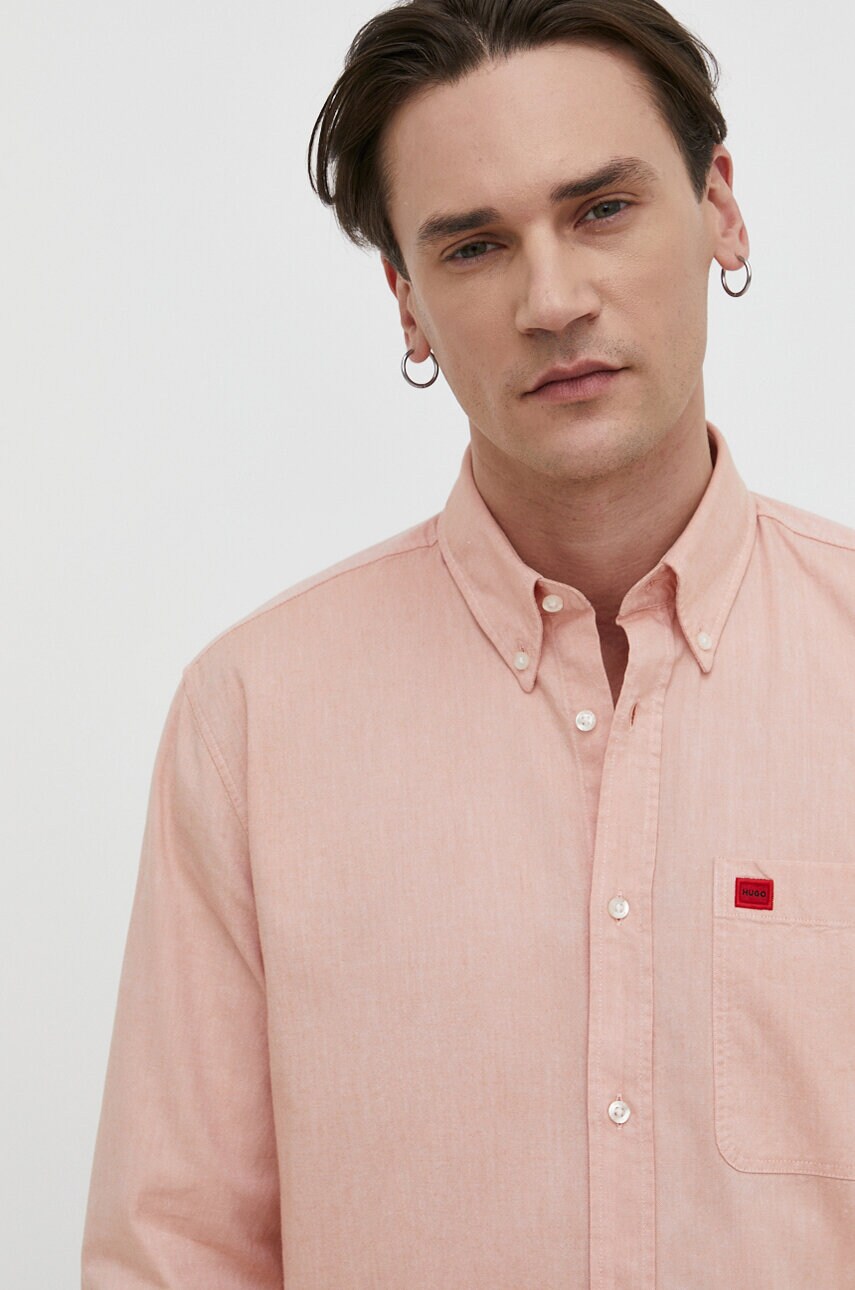 Бавовняна сорочка HUGO чоловіча колір помаранчевий slim комір button-down
