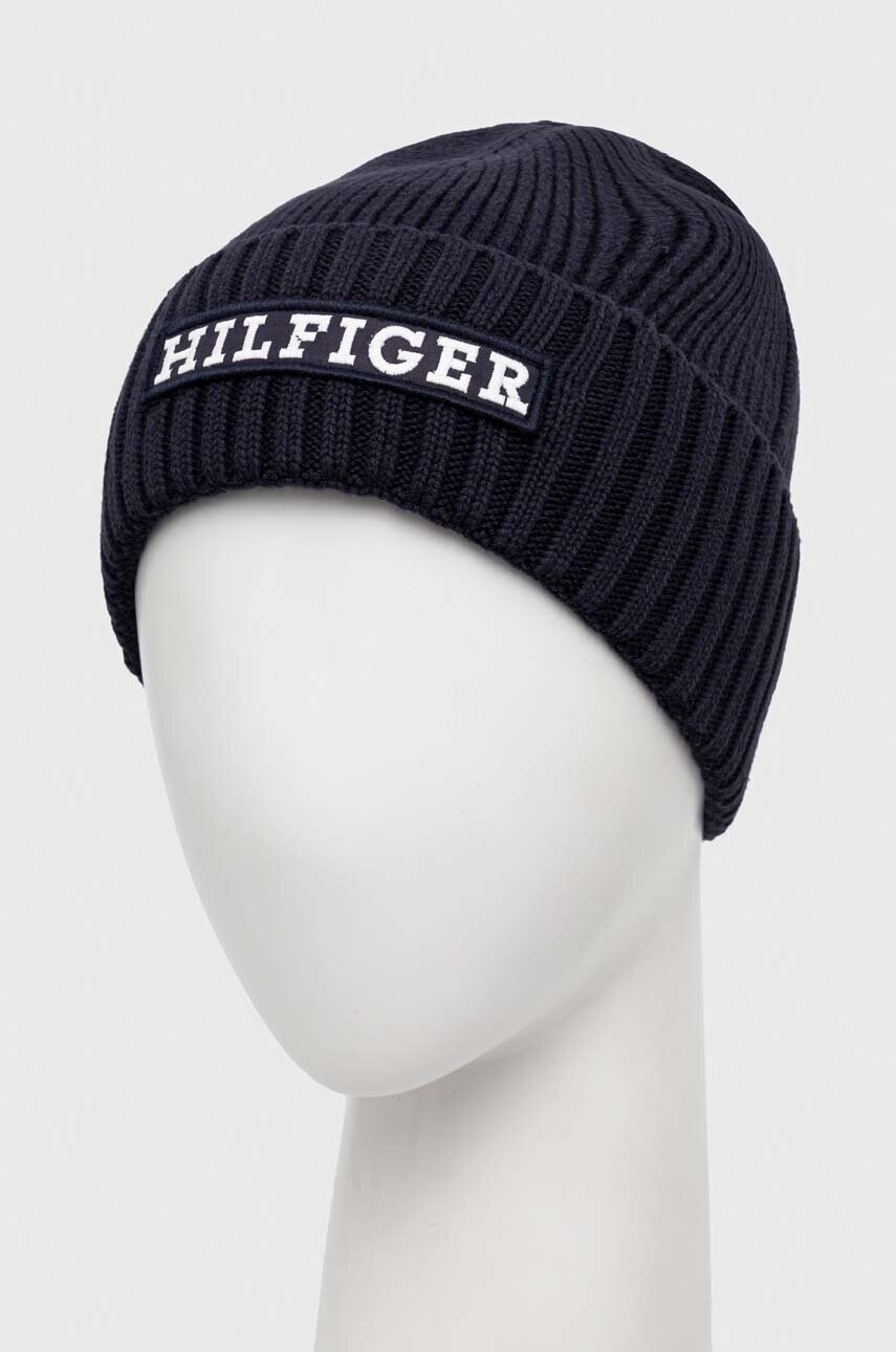 Шапка з домішкою вовни Tommy Hilfiger колір синій з товстого трикотажу