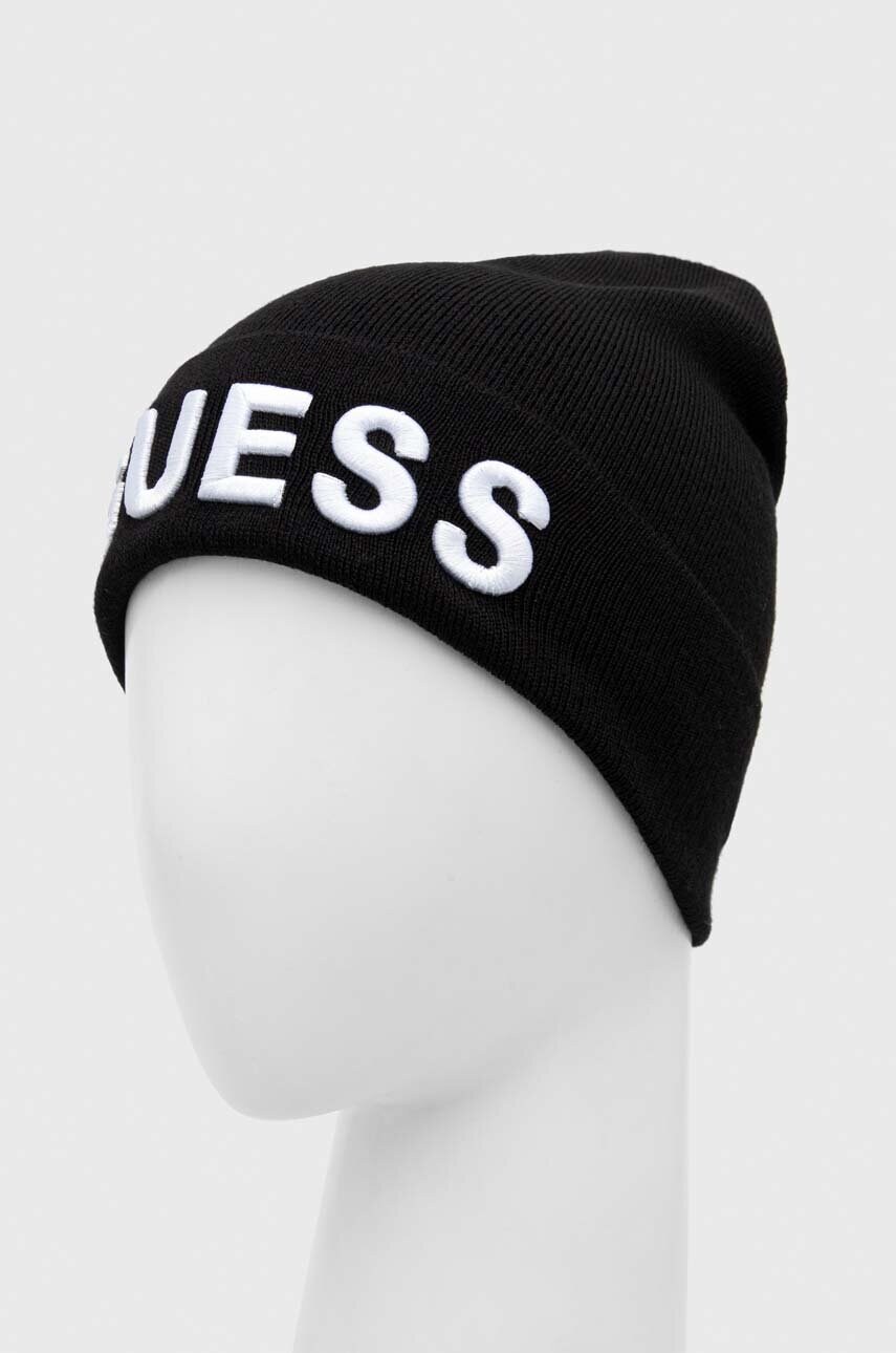 Шапка з домішкою вовни Guess колір чорний з тонкого трикотажу