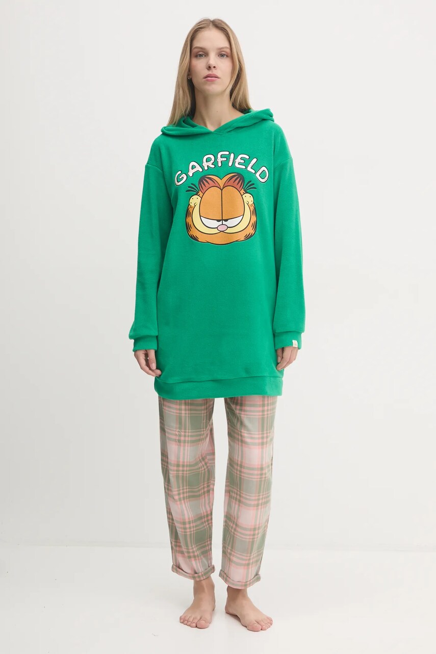 Флісова кофта United Colors of Benetton x GARFIELD колір зелений з капюшоном з принтом 3DFQ3M06K
