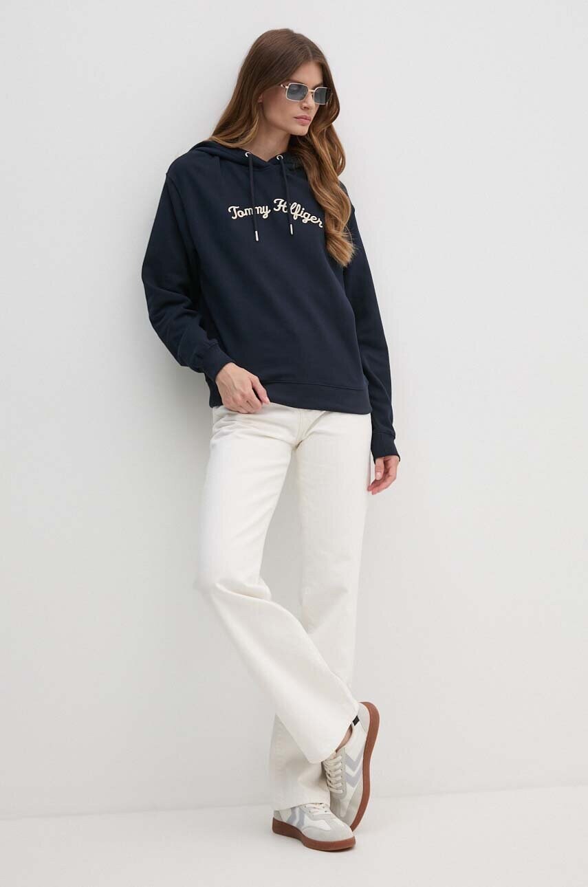 Бавовняна кофта Tommy Hilfiger жіноча колір синій з капюшоном з аплікацією WW0WW42612