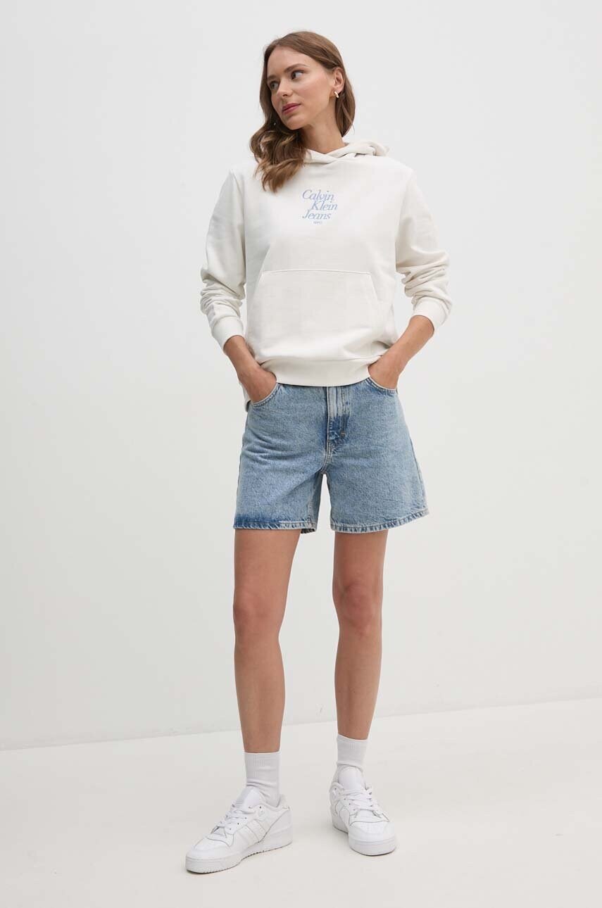 Бавовняна кофта Calvin Klein Jeans жіноча колір бежевий з капюшоном з аплікацією J20J224893