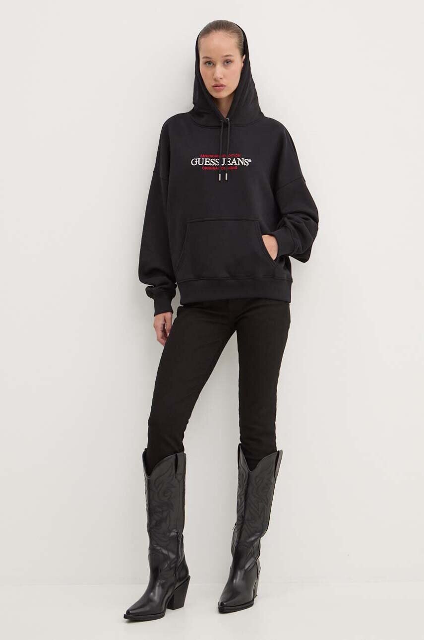 Кофта Guess Jeans жіноча колір чорний з капюшоном з аплікацією W4YQ15 KC811