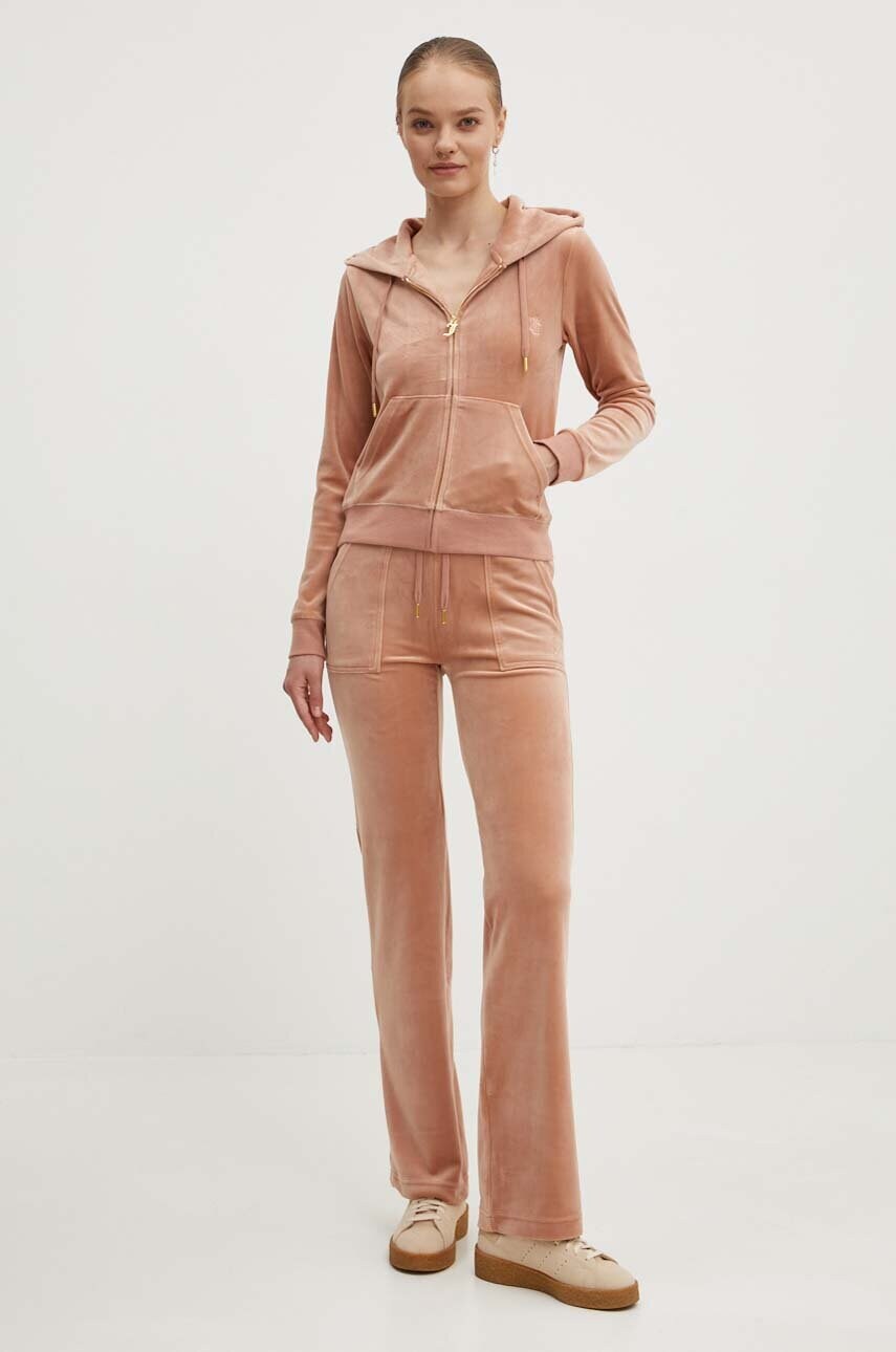 Велюрова кофта Juicy Couture ROBERTSON GOLD колір бежевий з капюшоном однотонна JCAP176G