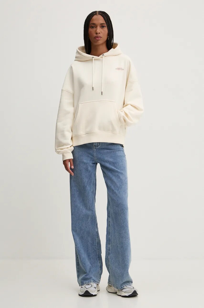 Кофта Guess Jeans жіноча колір бежевий з капюшоном з принтом W4BQ21 KC811