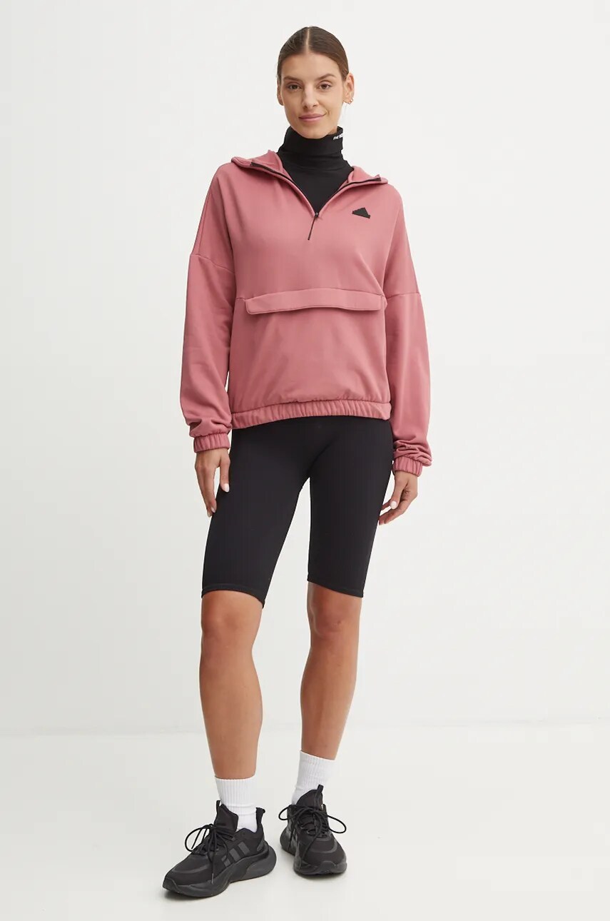 Кофта adidas City Escape жіноча колір рожевий з капюшоном з принтом IW5217