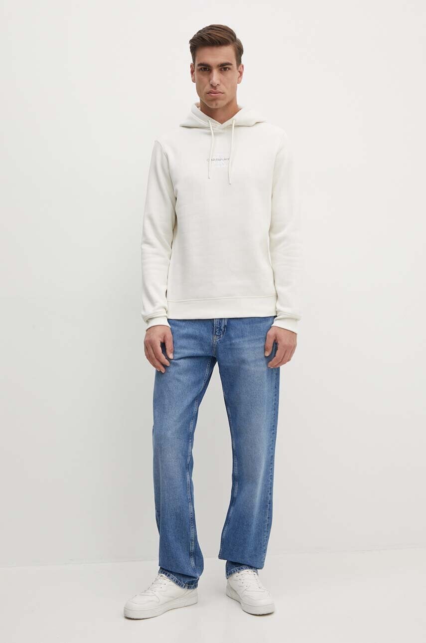 Кофта Calvin Klein Jeans чоловіча колір бежевий з капюшоном з аплікацією J30J325629