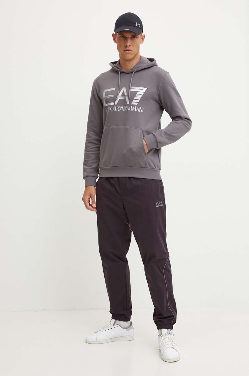 Бавовняна кофта EA7 Emporio Armani чоловіча колір сірий з капюшоном з принтом PJSHZ.6DPM16