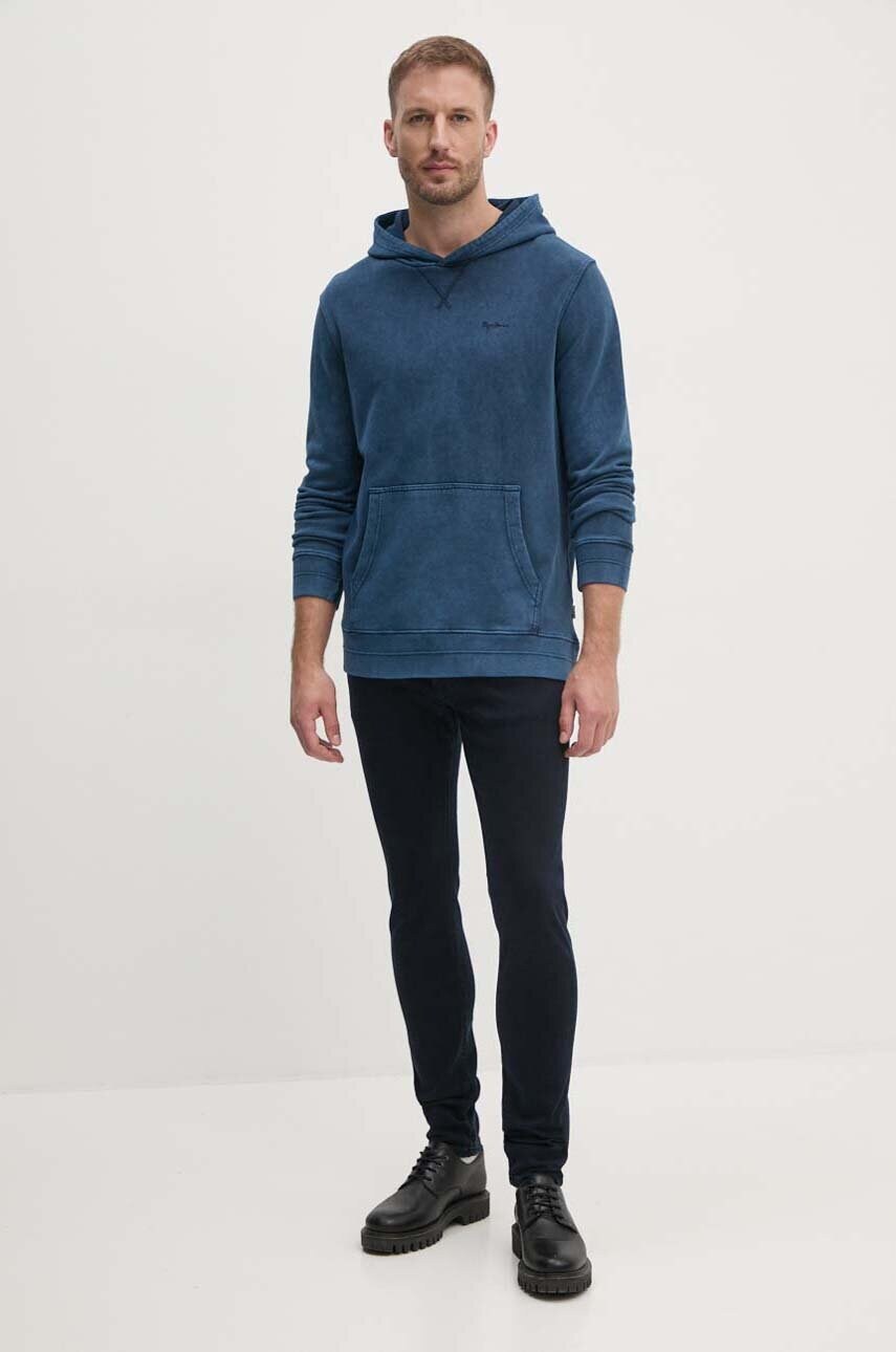Бавовняна кофта Pepe Jeans SILVERTON HOODIE чоловіча колір синій з капюшоном однотонна PM582713