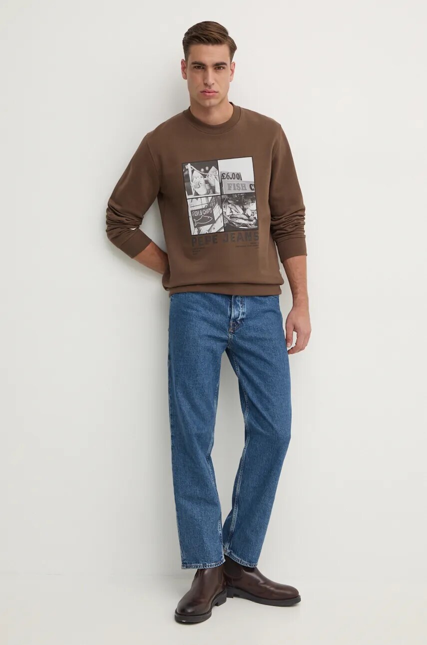Бавовняна кофта Pepe Jeans AWEST CREW чоловіча колір коричневий з принтом PM582730
