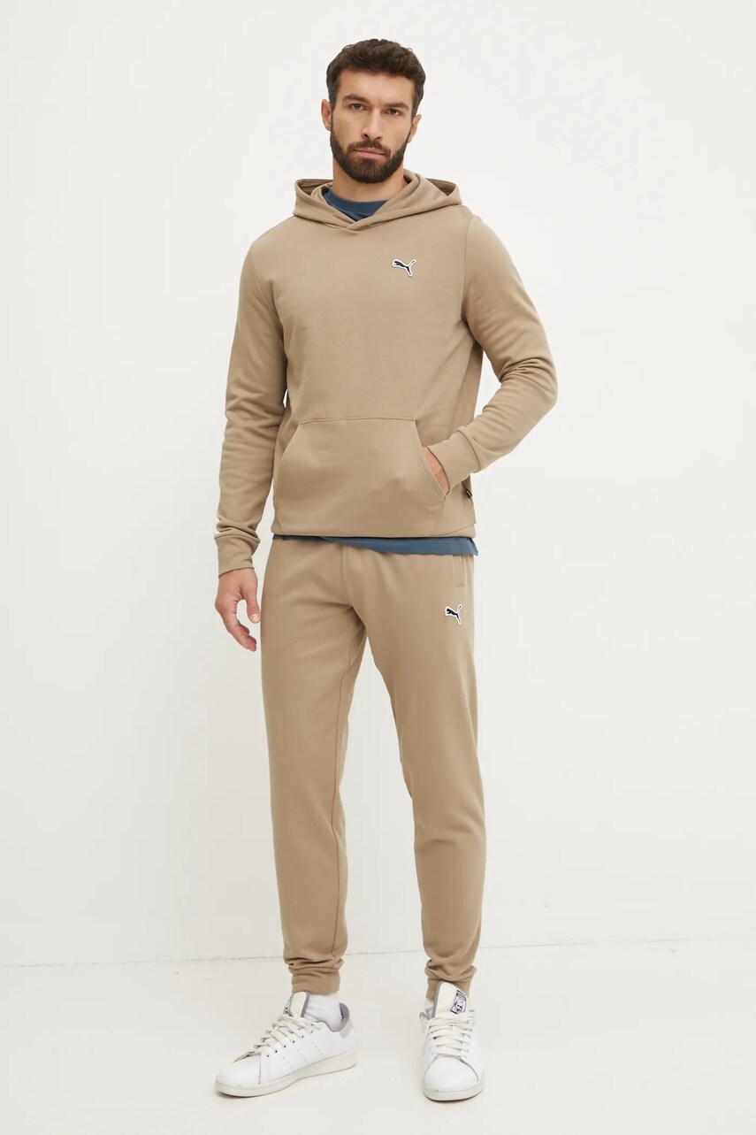 Бавовняна кофта Puma BETTER ESSENTIALS чоловіча колір бежевий з капюшоном однотонна 676814