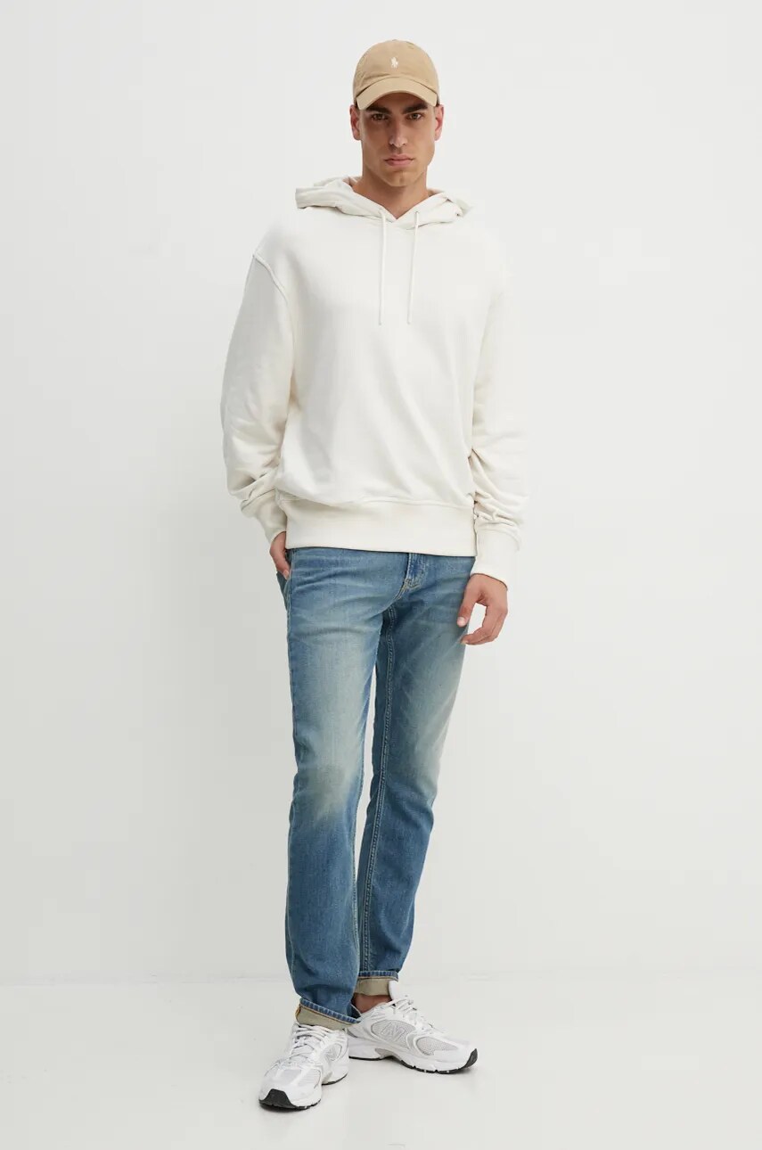 Бавовняна кофта Calvin Klein Jeans чоловіча колір бежевий з капюшоном з принтом J30J326874