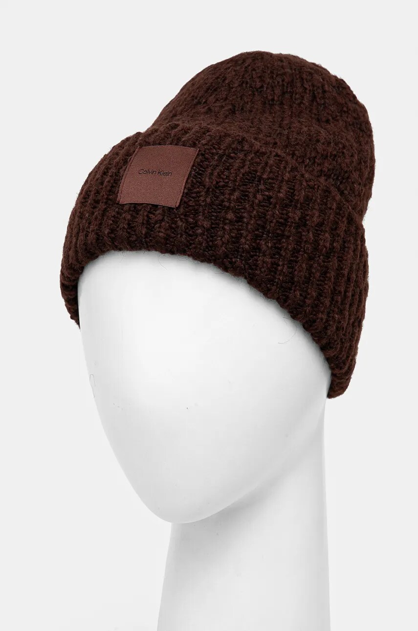 Шапка з домішкою вовни Calvin Klein колір коричневий з тонкого трикотажу K60K612593