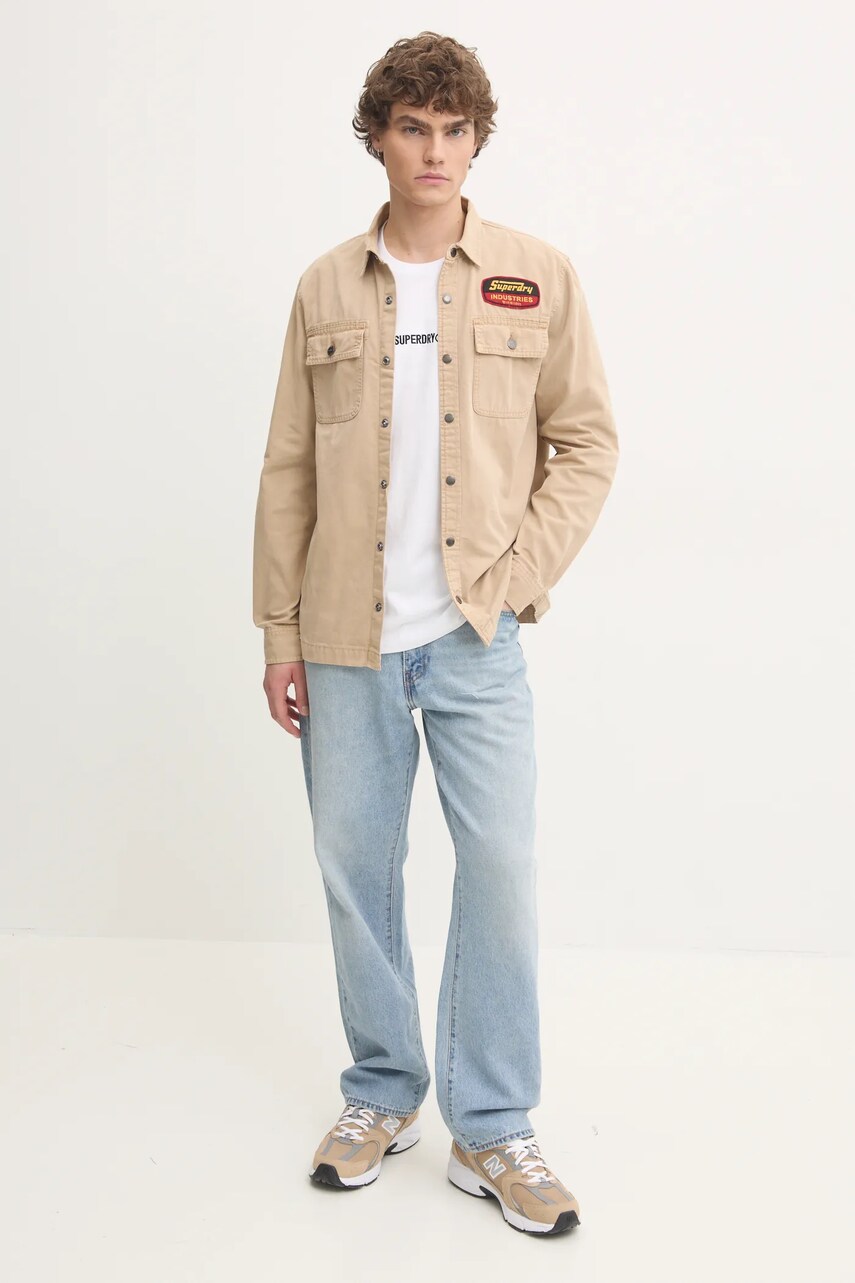 Бавовняна сорочка Superdry чоловіча колір бежевий regular класичний комір M4010891A-5YE