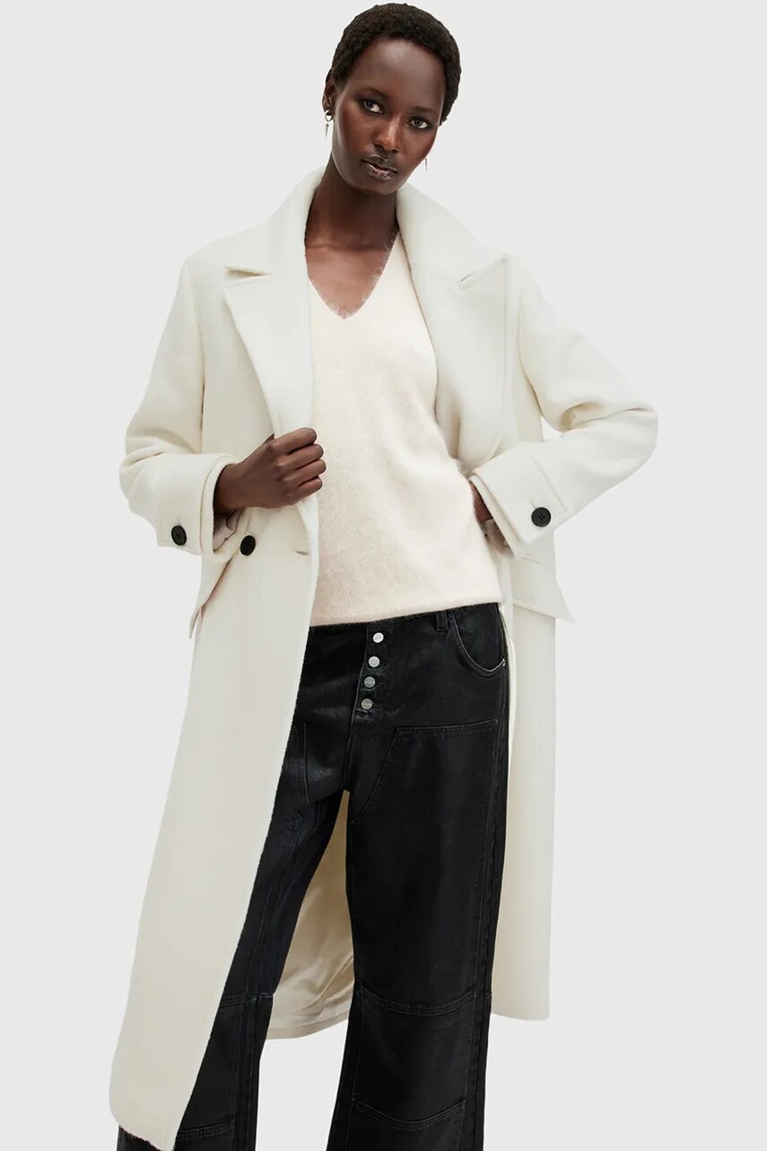 Пальто з домішкою вовни AllSaints MABEL COAT колір білий перехідне двобортне W006OZ