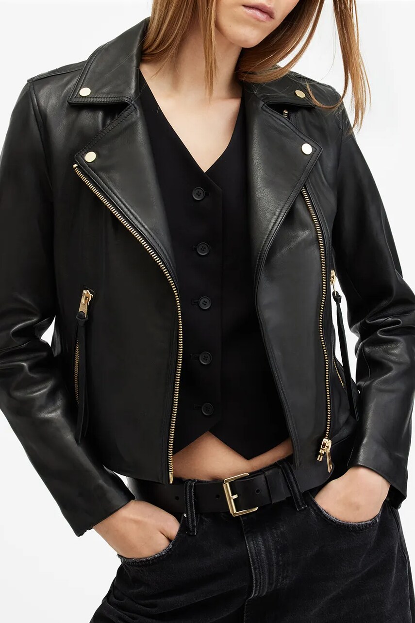 Шкіряна куртка AllSaints DALBY жіноча колір чорний перехідна W086LB