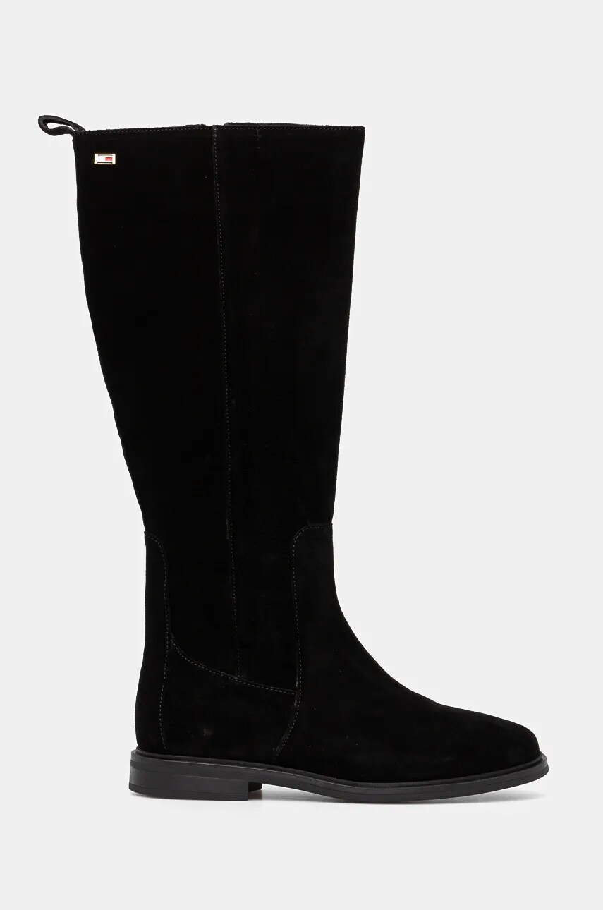 Замшеві чоботи Tommy Hilfiger FLAG SUEDE LONG BOOT ZIP жіночі колір чорний на плоскому ходу FW0FW08178
