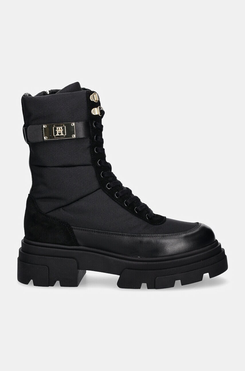 Черевики Tommy Hilfiger BIKER LEATHER MIX LACE-UP жіночі колір чорний на плоскому ходу FW0FW08246