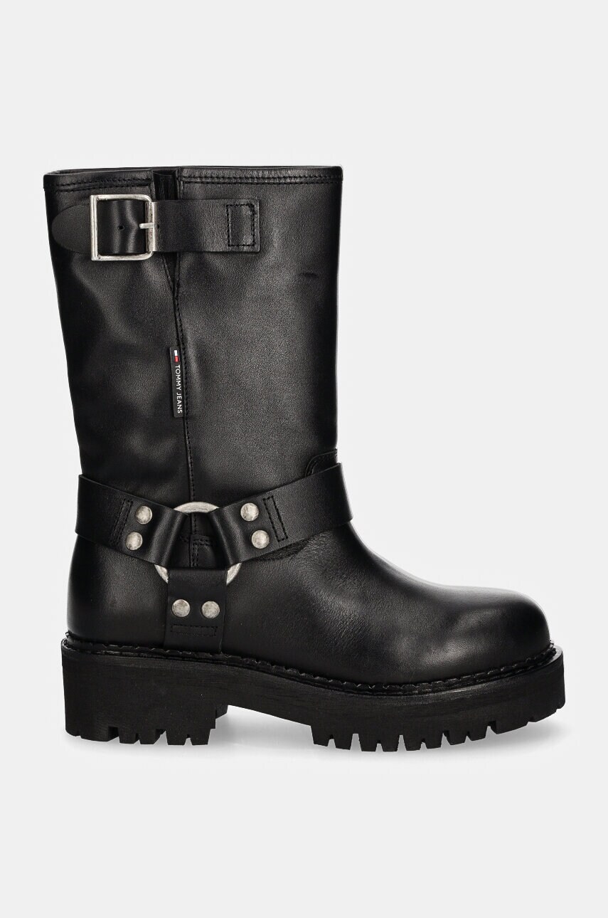 Шкіряні черевики Tommy Jeans TJW URBAN BIKER BOOT LEATHER жіночі колір чорний на платформі EN0EN02728
