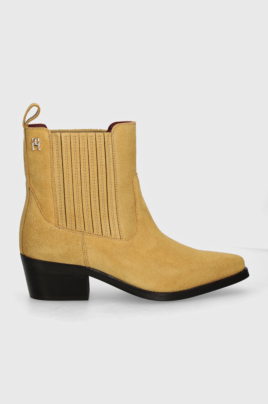 Замшеві черевики Tommy Hilfiger TH SUEDE COWBOY BOOT жіночі колір бежевий каблук блок FW0FW08034