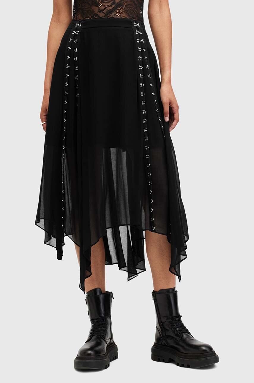Спідниця AllSaints LUNA колір чорний midi розкльошена W013RB