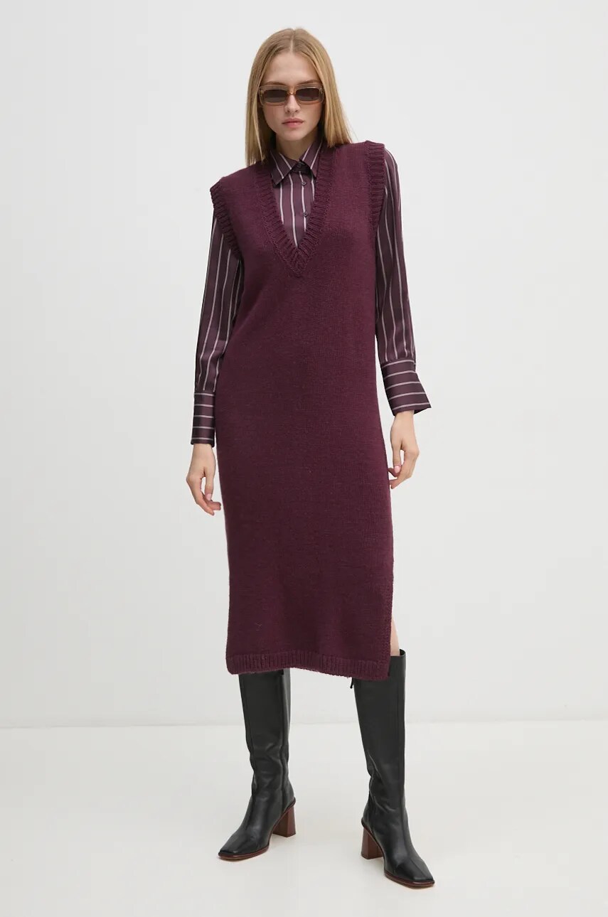 Сукня з домішкою вовни Sisley колір фіолетовий midi пряма 1276MV00T