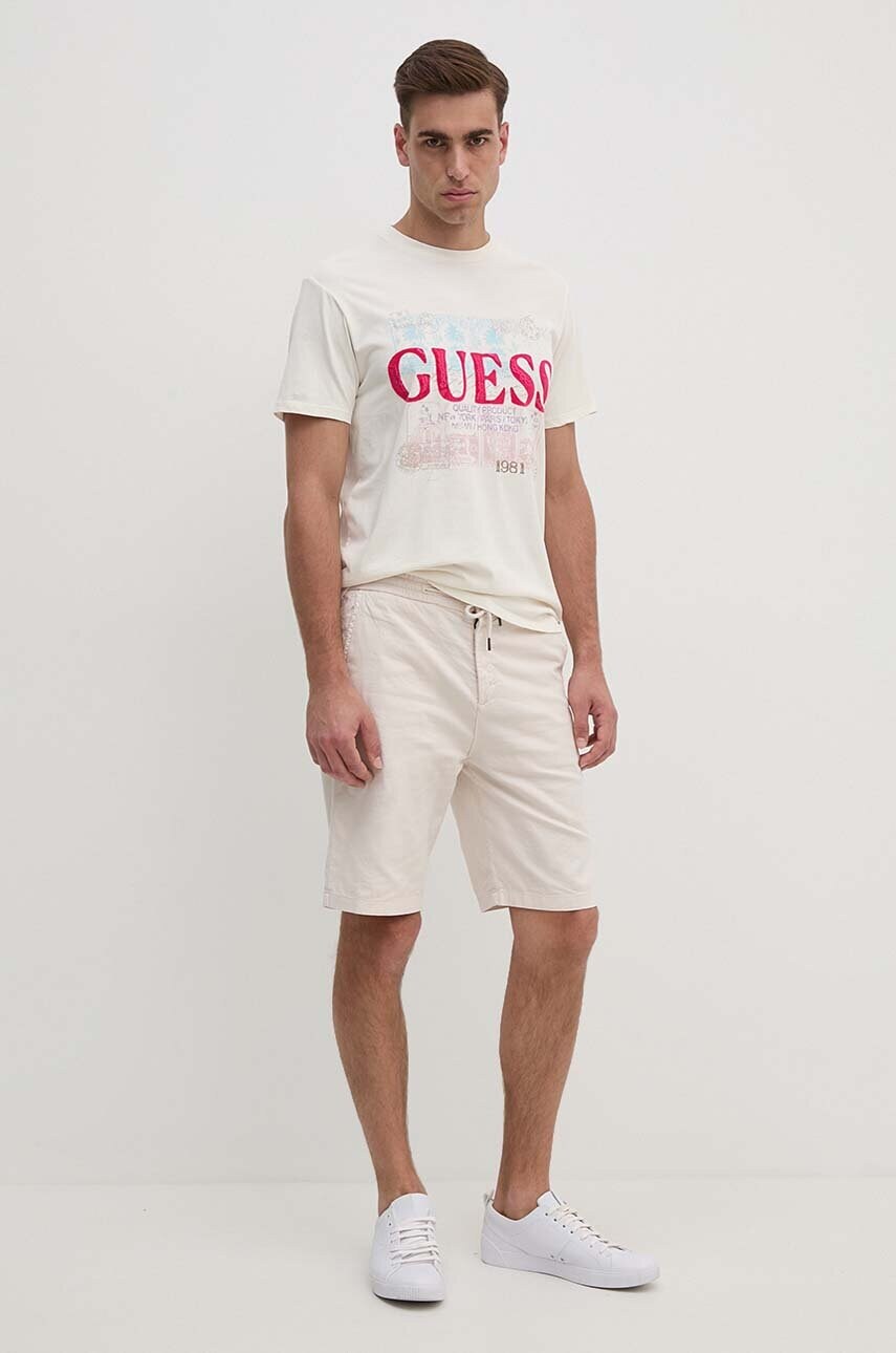 Бавовняна футболка Guess чоловіча колір бежевий з принтом M4YI79 K9RM1