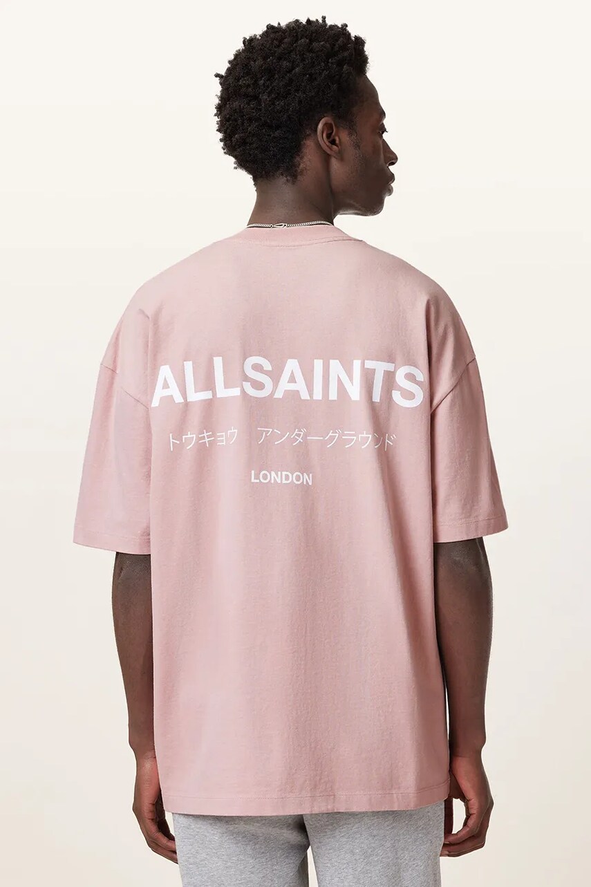 Бавовняна футболка AllSaints UNDERGROUND чоловіча колір рожевий з принтом M071PB