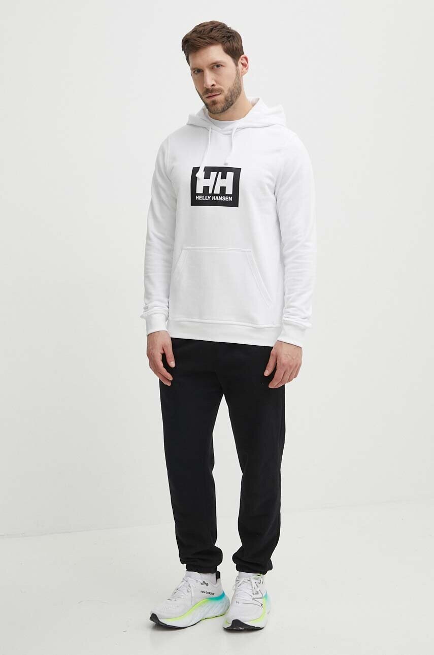 Бавовняна кофта Helly Hansen колір білий з капюшоном з принтом