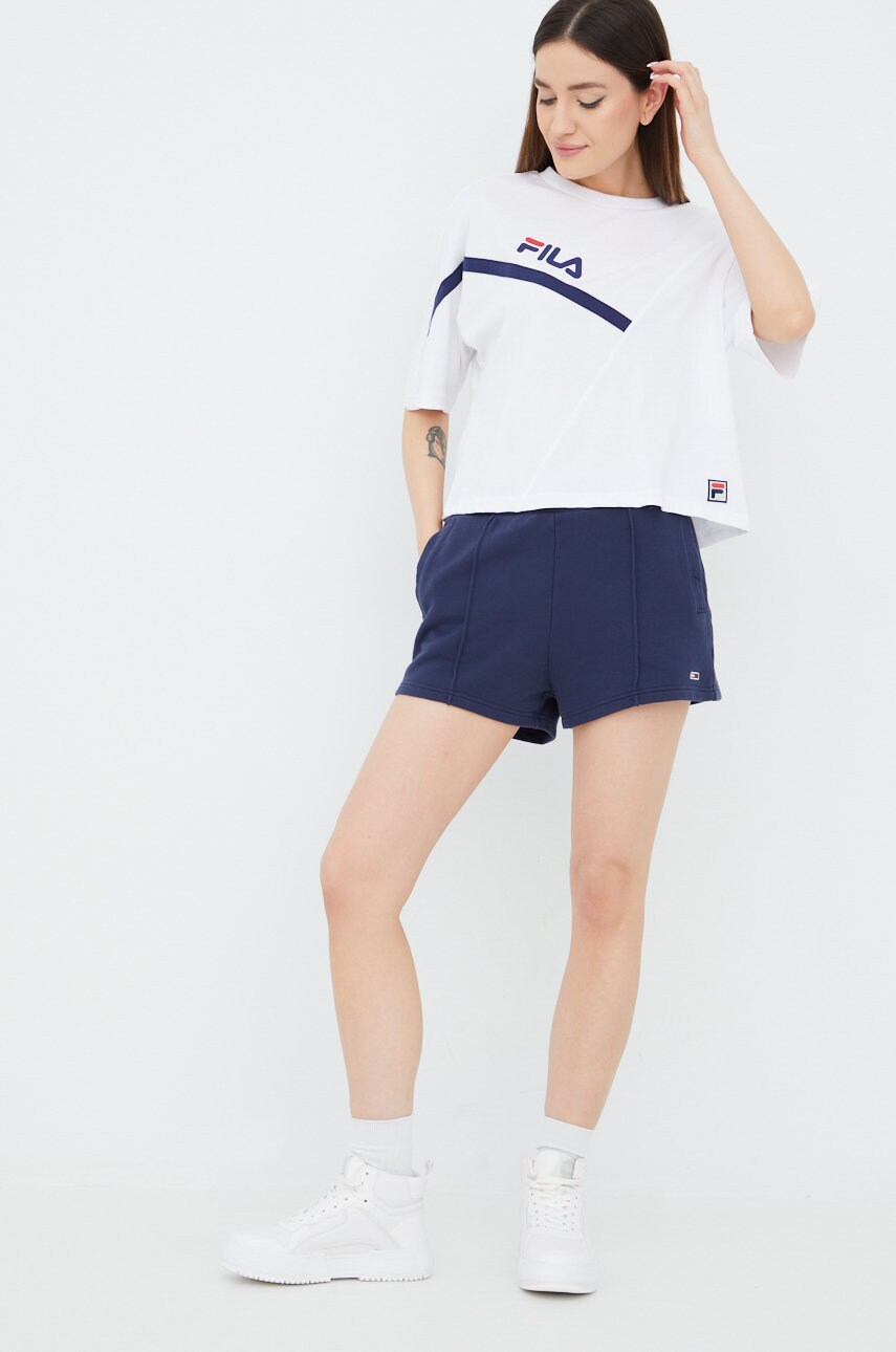 Бавовняні шорти Tommy Jeans жіночі колір синій однотонні висока посадка