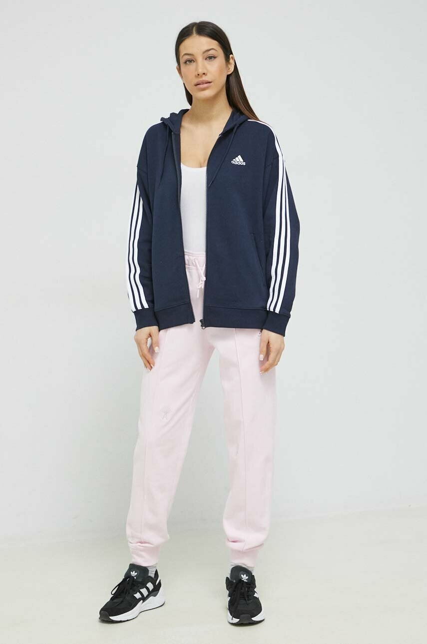 Бавовняна кофта adidas жіноча колір синій з капюшоном з аплікацією