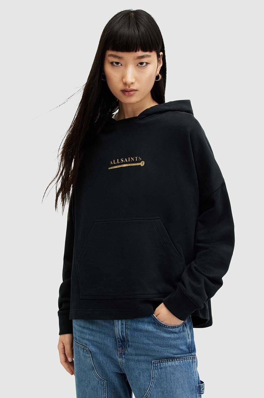 Бавовняна кофта AllSaints Perta Etienne жіноча колір чорний з капюшоном з принтом