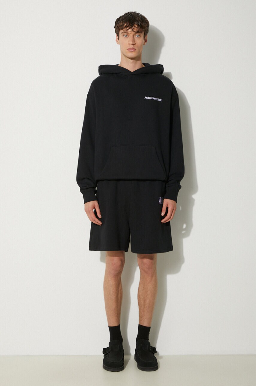 Бавовняна кофта Awake NY Serif Hoodie чоловіча колір чорний з капюшоном меланж SP24-HD003