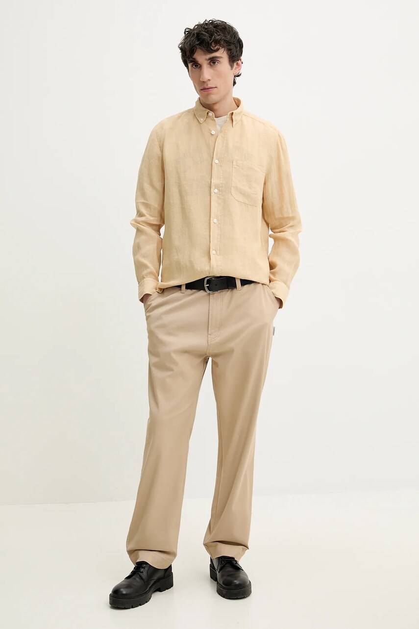 Сорочка з льону HUGO колір бежевий regular комір button-down 50514162