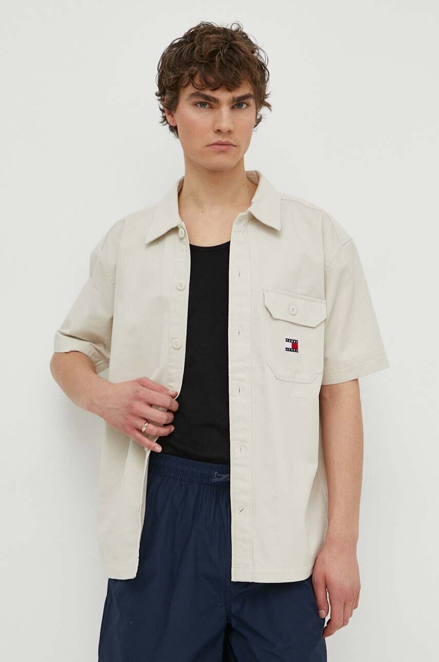 Бавовняна сорочка Tommy Jeans чоловіча колір бежевий relaxed класичний комір DM0DM18969