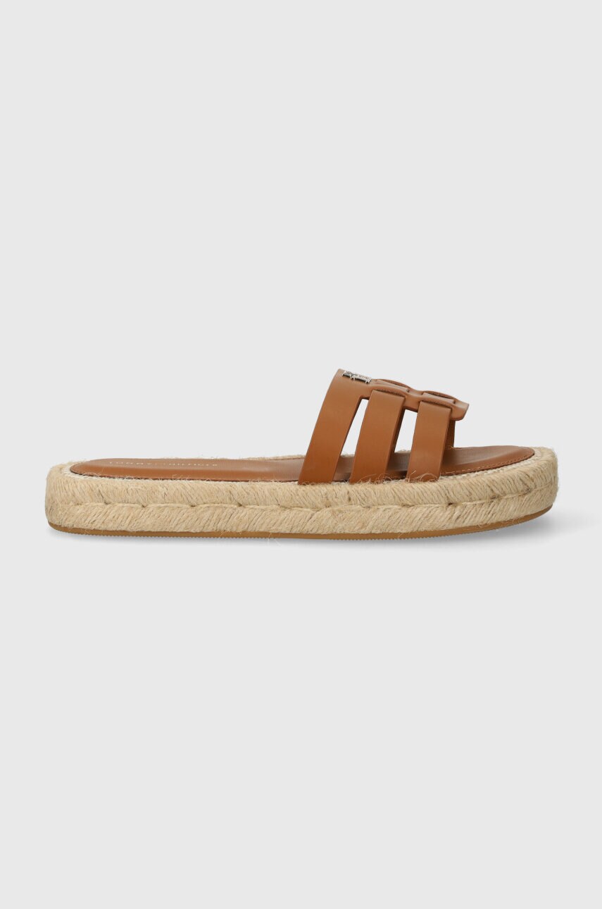 Шкіряні шльопанці Tommy Hilfiger AUTHENTIC FLAT LTHR ESPADRILLE жіночі колір коричневий на платформі FW0FW07745