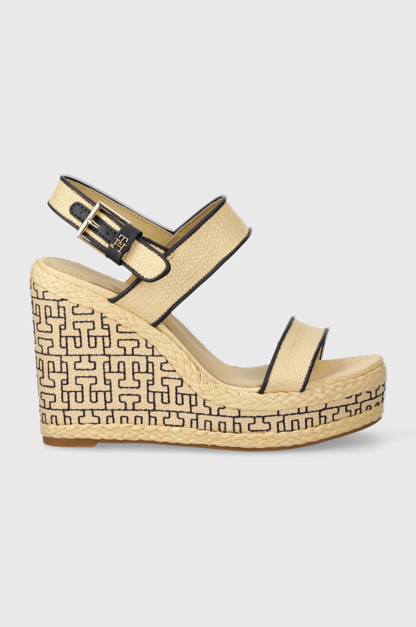Сандалі Tommy Hilfiger PLATFORM TH MONO RAFIA WEDGE колір бежевий FW0FW08052