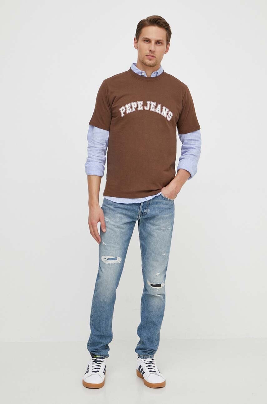 Бавовняна футболка Pepe Jeans CLEMENT чоловіча  колір коричневий з принтом PM509220