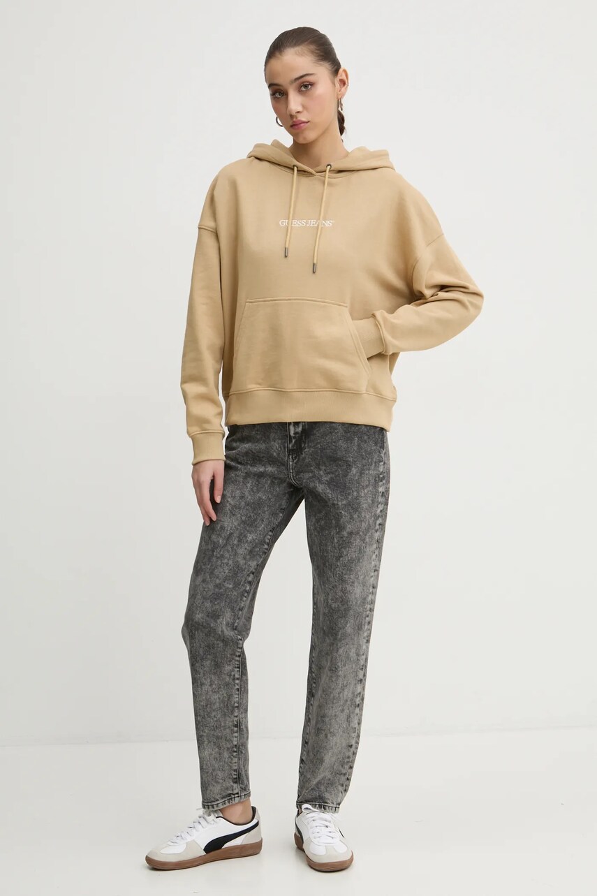 Бавовняна кофта Guess Jeans жіноча колір бежевий з капюшоном з принтом W5RQ27 K68I4