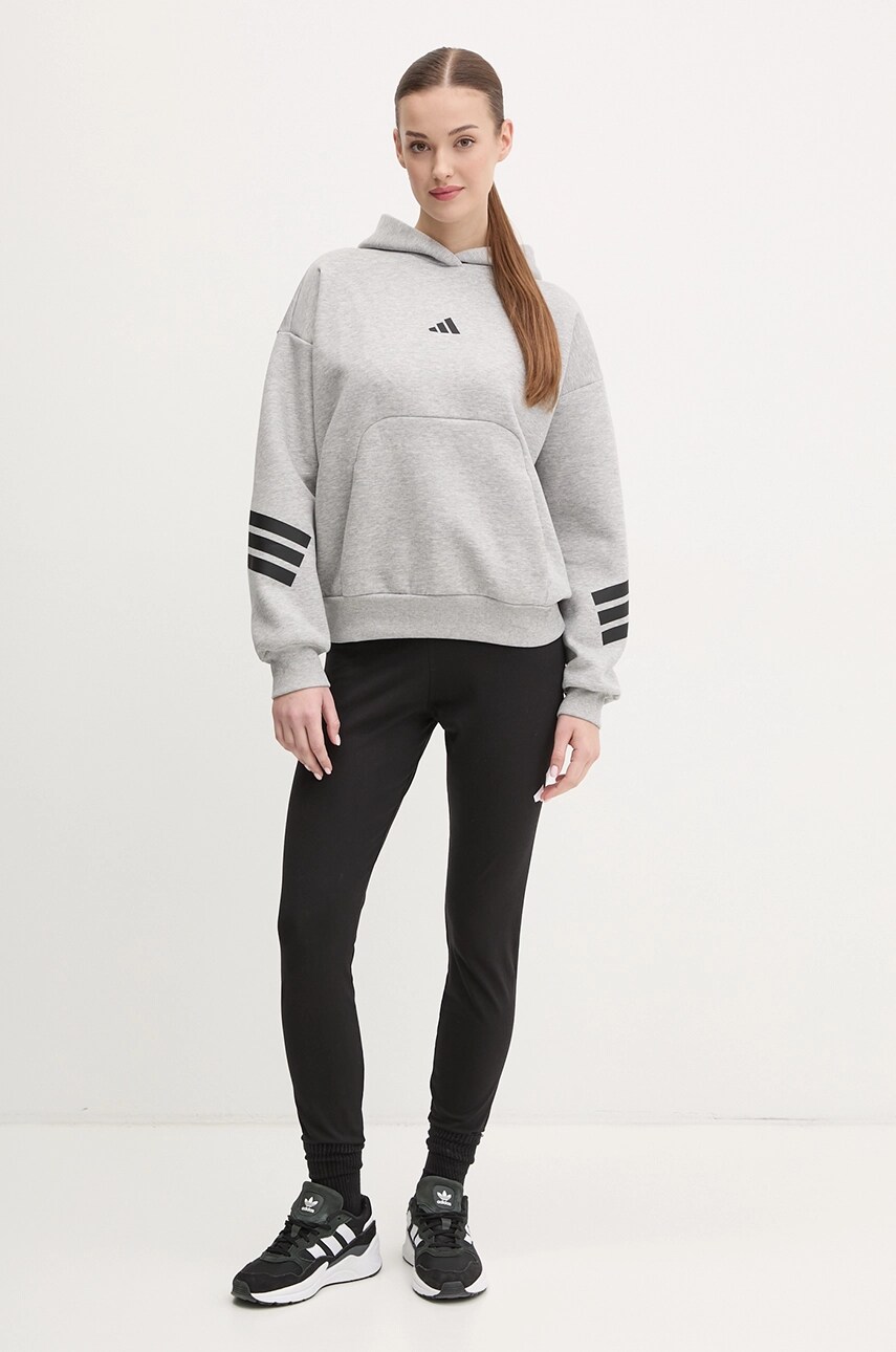 Кофта adidas Future Icons жіноча колір сірий з капюшоном з принтом JE0181