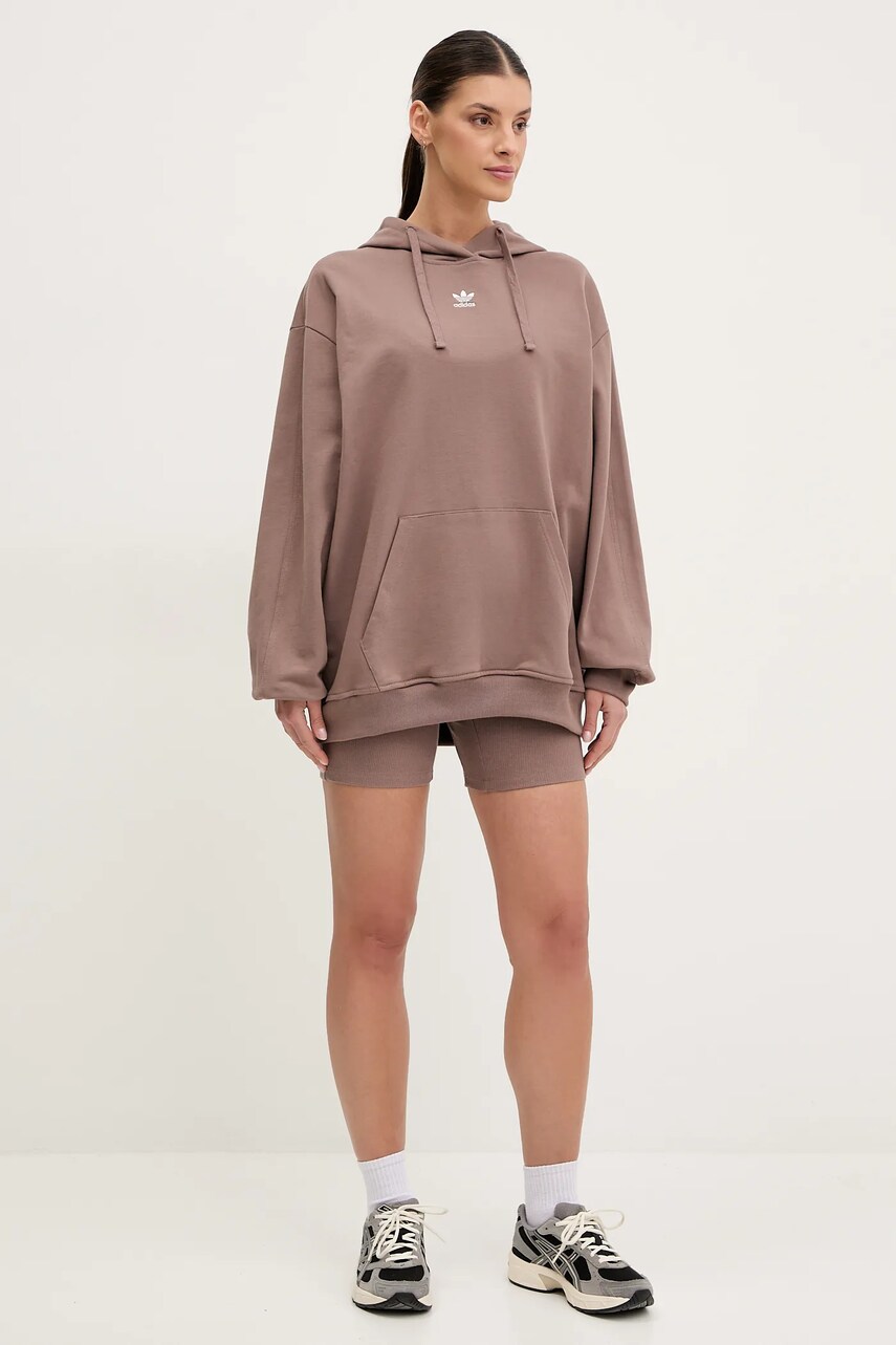 Бавовняна кофта adidas Originals Essential жіноча колір коричневий з капюшоном однотонна JC8981