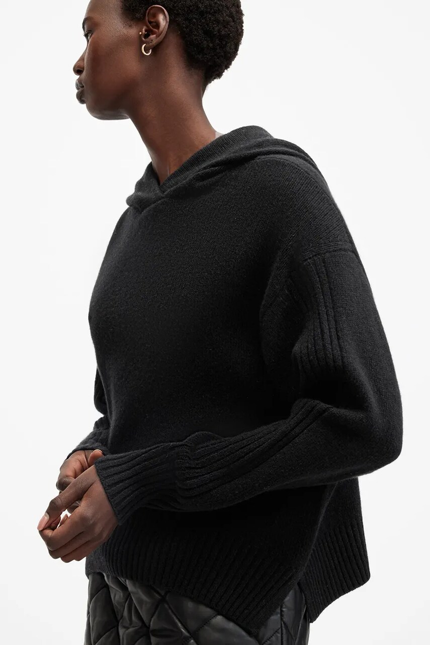 Шерстяна кофта AllSaints INES колір чорний з капюшоном однотонна W074KB