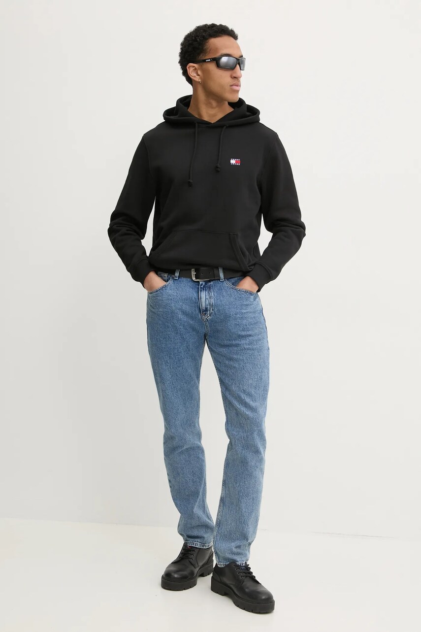 Бавовняна кофта Tommy Jeans чоловіча колір чорний з капюшоном однотонна DM0DM20258