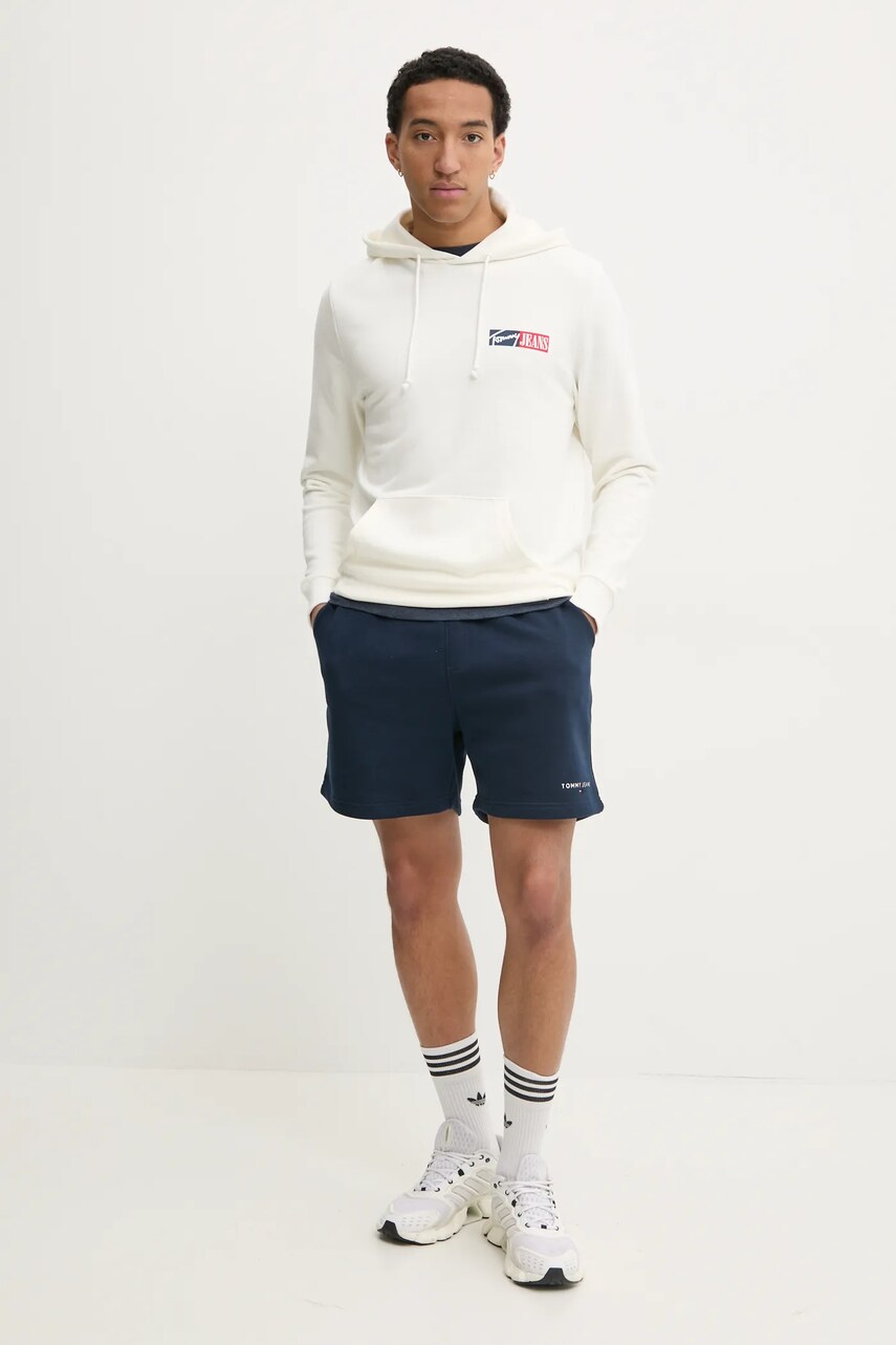 Дитяча бавовняна кофта Tommy Jeans чоловіча колір білий з капюшоном з принтом DM0DM20257