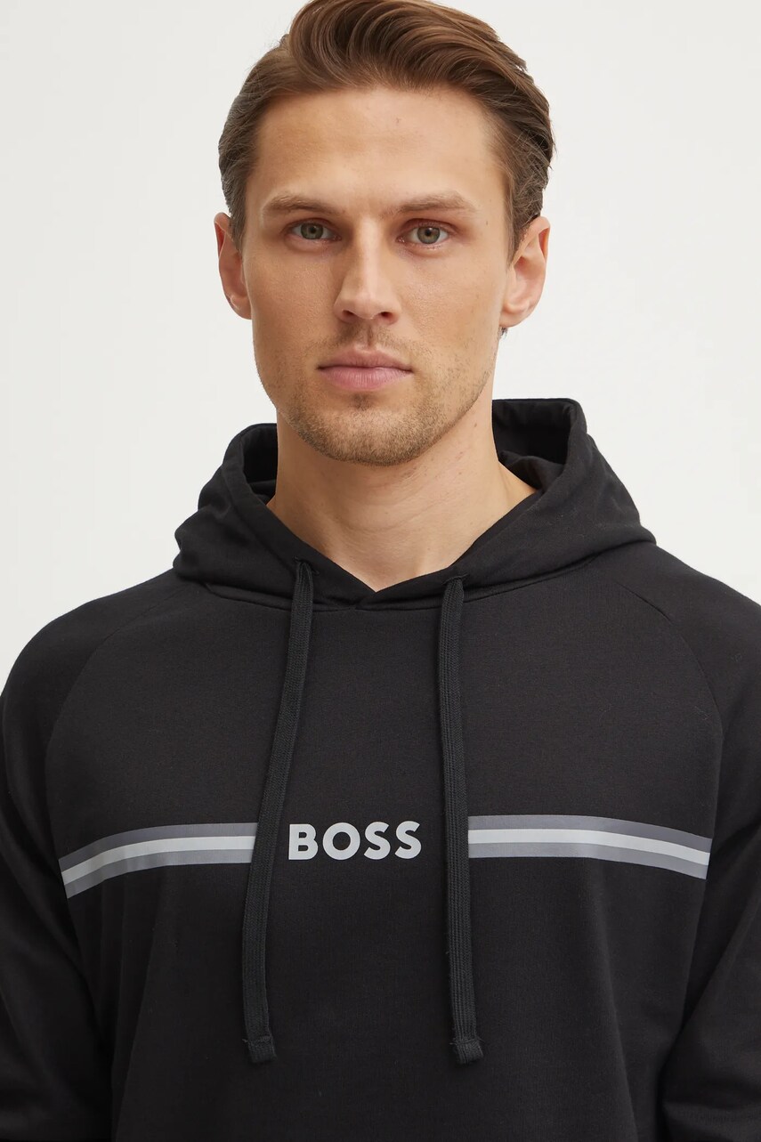 Бавовняна кофта лаунж BOSS колір чорний з капюшоном з принтом 50535854