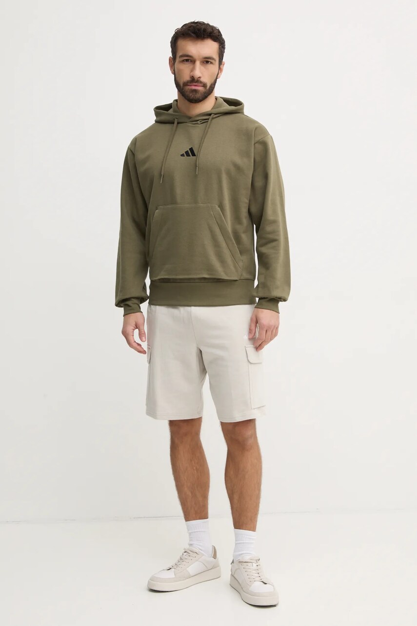 Кофта adidas Feelcozy чоловіча колір зелений з капюшоном однотонна JE3799