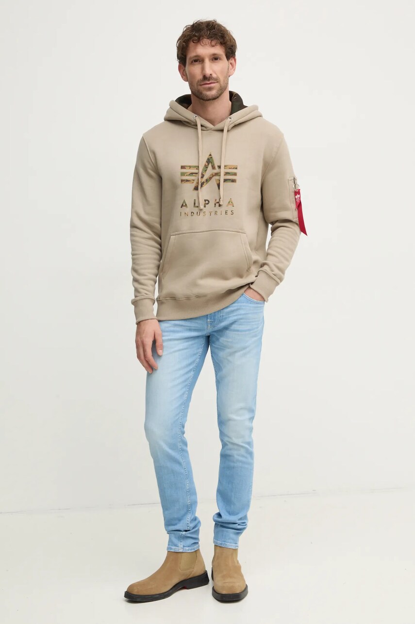 Кофта Alpha Industries чоловіча колір бежевий з капюшоном з принтом 146337